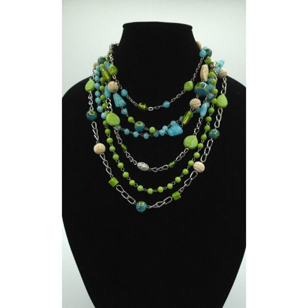 Multistrand Blue & Green Artisan Beaded Necklace With Silver Chain Layers